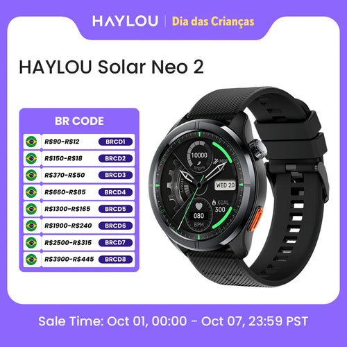 Smartwatch Haylou Solar Neo 2 AMOLED HD 1,43” com Chamadas Bluetooth, Monitoramento de Saúde 24h, Mais de 150 Modos Esportivos e Resistência à Água 1 ATM